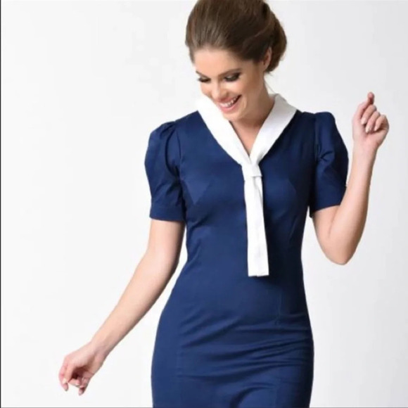 Unique Vintage x Hell Bunny Plus Size Navy Blue Sailor Jackie Pencil Dress - Picture 3 of 14
